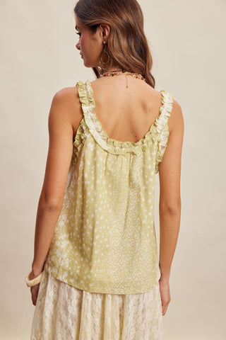 Ruffle Trim Patchwork Tank in Light Olive