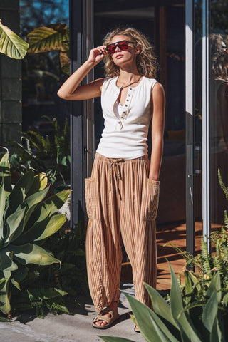 Striped Drawstring Harem Pants in Taupe
