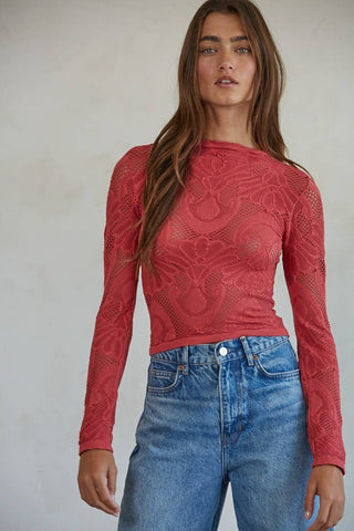Knit Jacquard Mock Neck in Crimson
