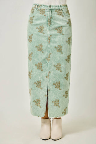 Embroidered Front Slit Corduroy Skirt in Washed Black