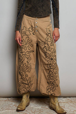 Floral Embroidered Twill Pants in Latte