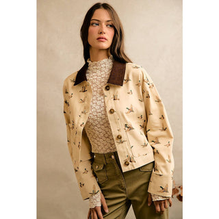 Mallard Duck Print Corduroy-Collar Jacket