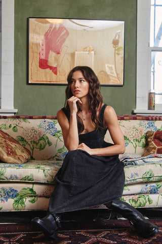 Square Neck Denim Midi Dress in Black