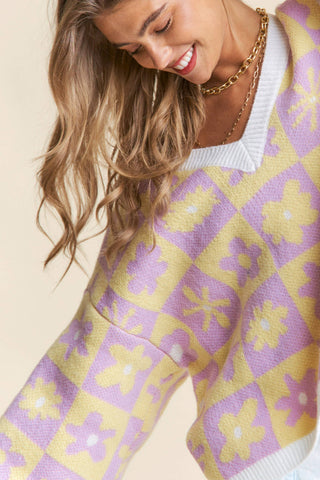 Floral Checkered Knit V Neck Sweater