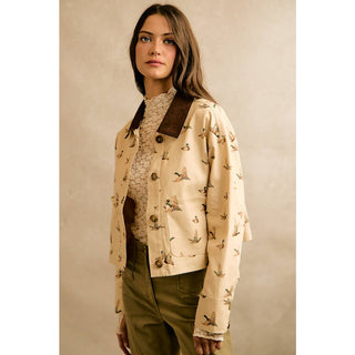 Mallard Duck Print Corduroy-Collar Jacket
