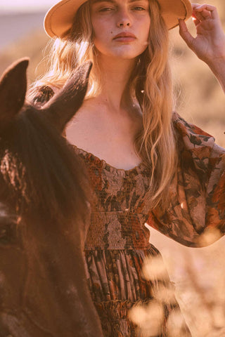 Floral Smocked Maxi Dress in Sand