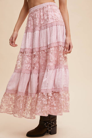 Floral Embroidered Maxi Skirt in Mute Pink