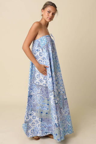 Clover Tile Print Strapless Maxi Dress