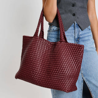 Solana Woven Vegan Leather Tote in Burgundy
