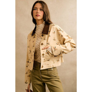 Mallard Duck Print Corduroy-Collar Jacket