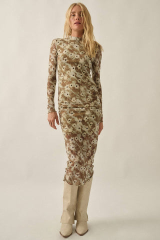 Floral Mesh Long-Sleeve Mock-Neck Midi Dress in Olive