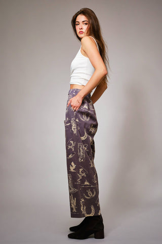 Western Motif Wide Leg Pants in Washed Navy