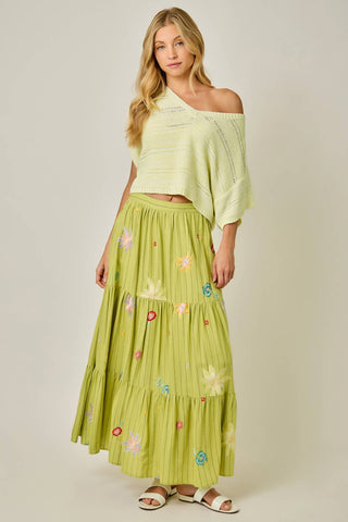 Embroidered Tiered Skirt in Green Tea