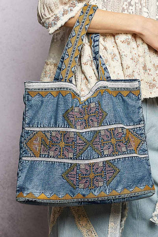 Embroidered Vintage Wash Denim Tote Bag