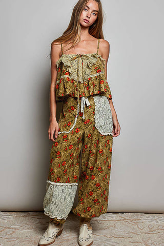 Ruffley Lacey Floral Tank in Olive
