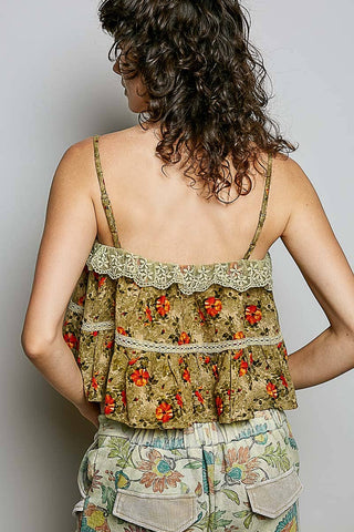Ruffley Lacey Floral Tank in Olive