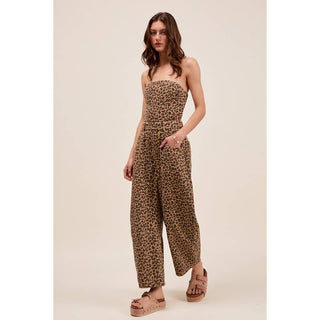 Leopard Denim Strapless Jumpsuit