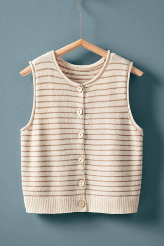 Striped Button Down Knit Vest in Khaki