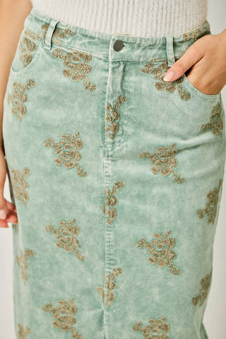 Embroidered Front Slit Corduroy Skirt in Washed Black