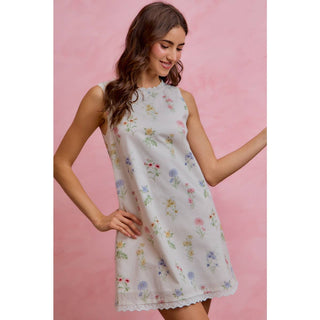 Floral Sleeveless Dress with Lace Trim