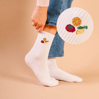 Embroidered Fruit Market Crew Socks