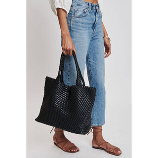 Solana Woven Vegan Leather Tote in Black