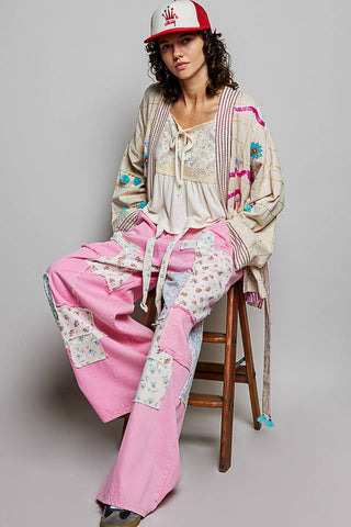Tie-Belt Embroidery Kimono Cardigan