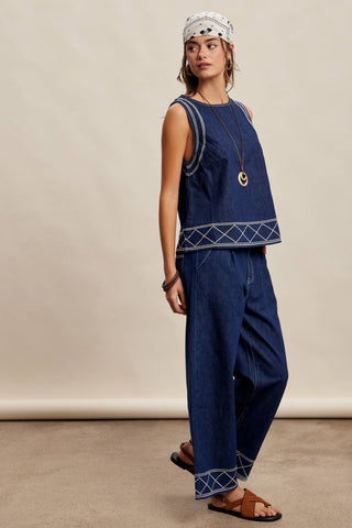 Embroidered Denim Tank & Wide-Leg Pants Set