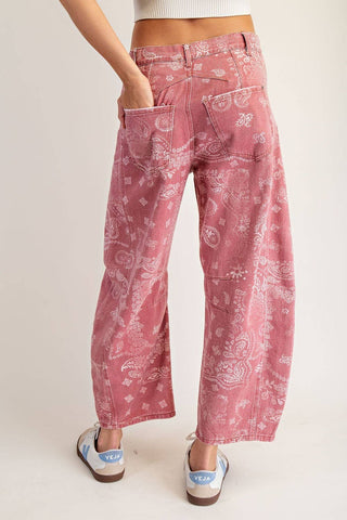 Mineral Washed Paisley Barrel Jeans in Dusty Rose