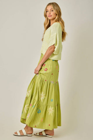 Embroidered Tiered Skirt in Green Tea