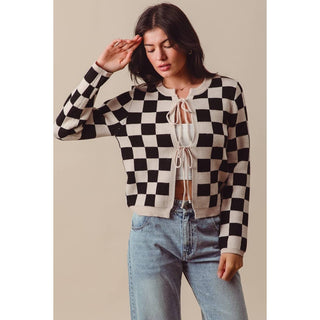 Checkered Knitted Cardigan in Oatmeal