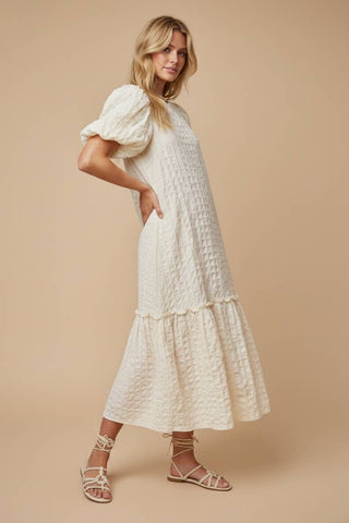 Alcott Textured Puff-Sleeve Midi Dress in Butter Cream – Figgy