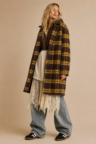 Oversized Plaid Fuzzy Knit Coat