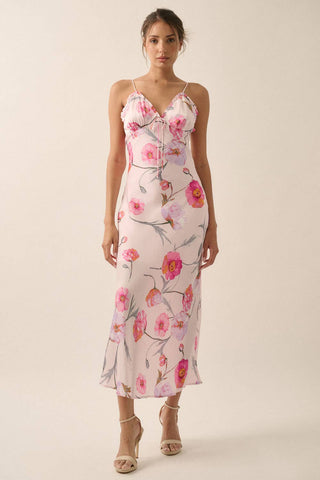 Floral Satin Maxi Slip Dress in Soft Pink