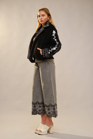 Embroidered Sherpa Rider Jacket in Black