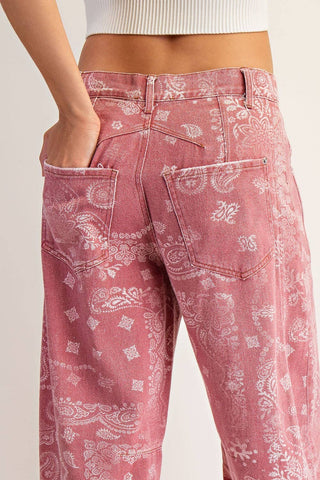 Mineral Washed Paisley Barrel Jeans in Dusty Rose