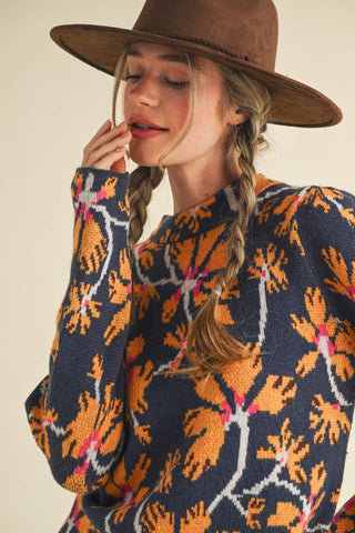 Floral Mock Neck Sweater in Navy