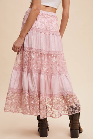 Floral Embroidered Maxi Skirt in Mute Pink
