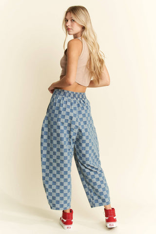 Checkered Barrel Pants in Denim