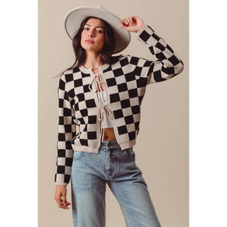 Checkered Knitted Cardigan in Oatmeal