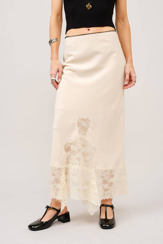 Satin Lace Maxi Skirt in Cream