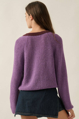 Ribbed Knit Contrast Cardigan Sweater in Aubergine