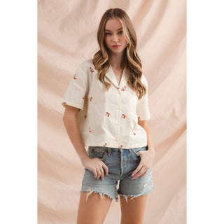 Floral Embroidered Button Down in Cream