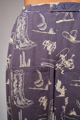 Western Motif Wide Leg Pants in Washed Navy