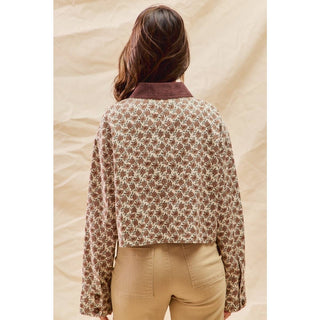 Floral Cropped Jacket With Corduroy Collar