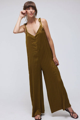 Wide Leg Satin Pleated Jumpsuits in Olive
