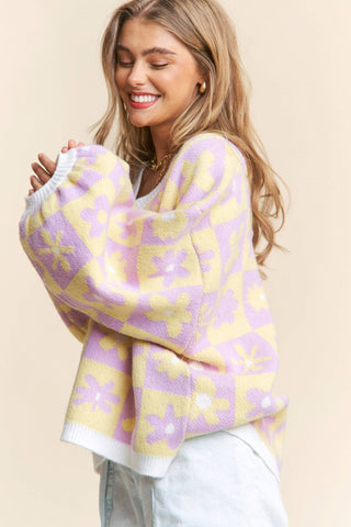 Floral Checkered Knit V Neck Sweater