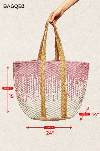 Cotton Dotted Woven Boho Tote Bag in Pink