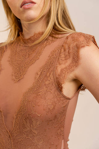 Mesh & Lace Bodysuit in Terra Cotta
