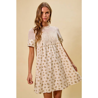 Floral Lace Mini Dress in Beige
